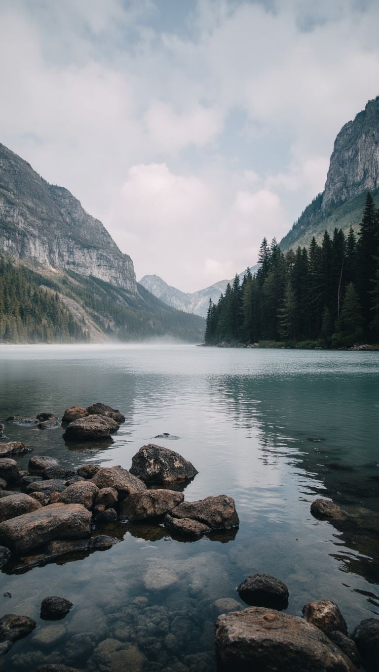 Misty mountain lake